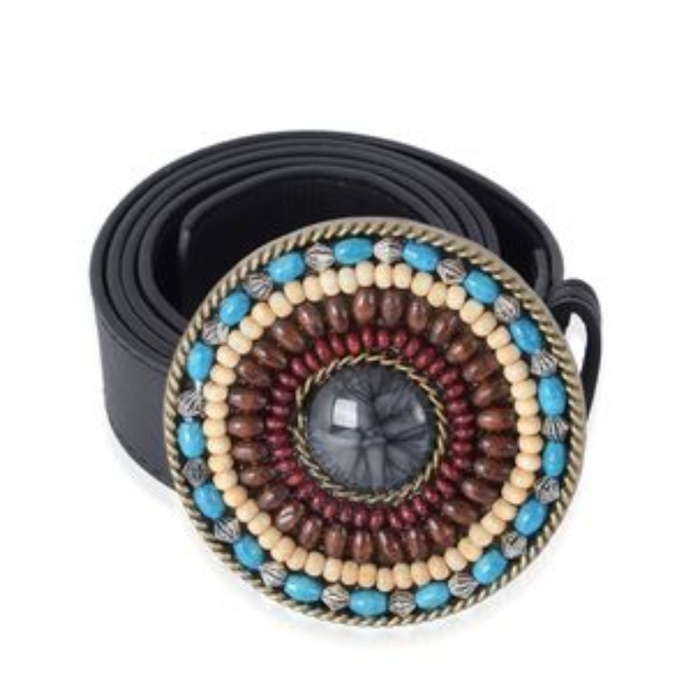Black Faux Leather belt, Multi Color beads buckle